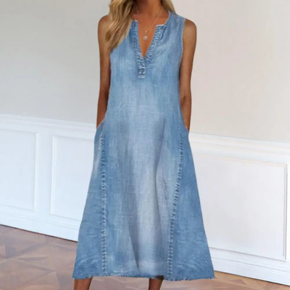 Denim Dress V-neck Sleeveless Casual Loose Hem Mid-calf Length Dressing Up Breathable Women Solid Color A-Line Vest Dress Daily
Denim Dress V-neck Sleeveless Casual Loose Hem Mid-calf Length Dressing Up Breathable Women Solid Color A-Line Vest Dress Daily