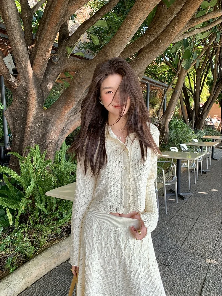 Spring Autumn Knitted Two Piece Set Women Hollow Out Elegant Skirt Suit New Streetwear Fashion Sweater Cardigan Outfits C592
Spring Autumn Knitted Two Piece Set Women Hollow Out Elegant Skirt Suit New Streetwear Fashion Sweater Cardigan Outfits C592