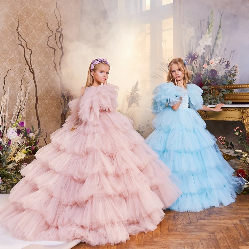 Pink And Blue Tulle Flower Girl Dresses Half Sleeve Puffy Beaded Ruffles For Wedding Party First Communion Gowns
Pink And Blue Tulle Flower Girl Dresses Half Sleeve Puffy Beaded Ruffles For Wedding Party First Communion Gowns
