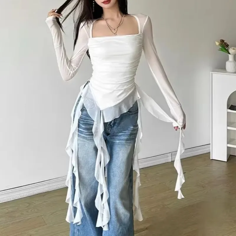 Spicy Girl Fairy StyleLotus Leaf Edge с квадратным вырезом, тонкая белая футболка с длинными рукавами, женские топы, сетчатый сексуальный нерегулярный топ для похудения y2k
Spicy Girl Fairy StyleLotus Leaf Edge с квадратным вырезом, тонкая белая футболка с длинными рукавами, женские топы, сетчатый сексуальный нерегулярный топ для похудения y2k