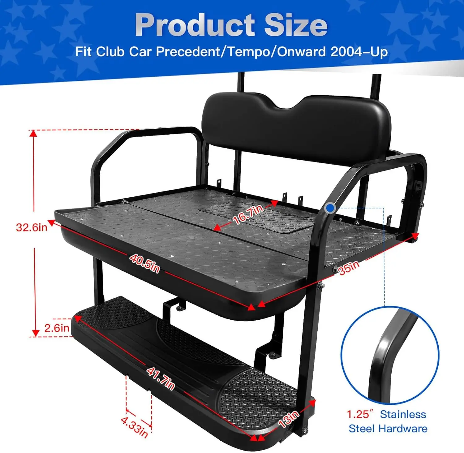 Golf Cart Rear Seat Kit, Back Flip Seat for Club Car Precedent/Tempo/Onward 2004-Up, 1.25-Inch Square Steel Frame, Integrated Se
Golf Cart Rear Seat Kit, Back Flip Seat for Club Car Precedent/Tempo/Onward 2004-Up, 1.25-Inch Square Steel Frame, Integrated Se