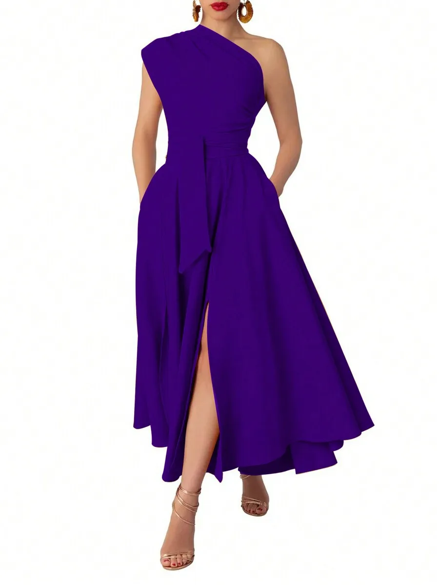 Women Solid Color Asymmetrical One Shoulder Prom Dress With Side Slit
Women Solid Color Asymmetrical One Shoulder Prom Dress With Side Slit