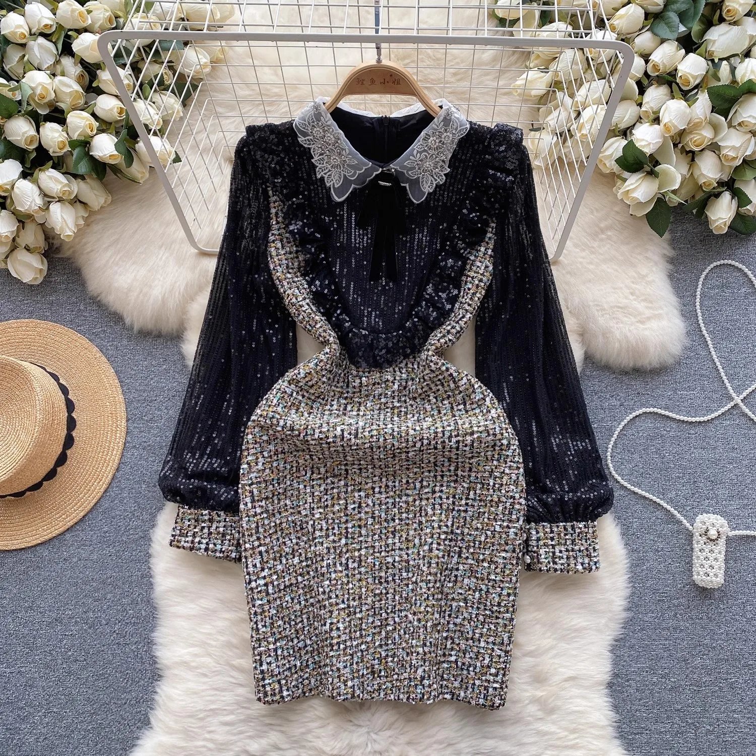Vintage Small Fragrance Sequined Mesh Embroidery Ruffles Stitching Tweed Dress Women's Lapel Long Sleeve Mini Party Vestidos
Vintage Small Fragrance Sequined Mesh Embroidery Ruffles Stitching Tweed Dress Women's Lapel Long Sleeve Mini Party Vestidos