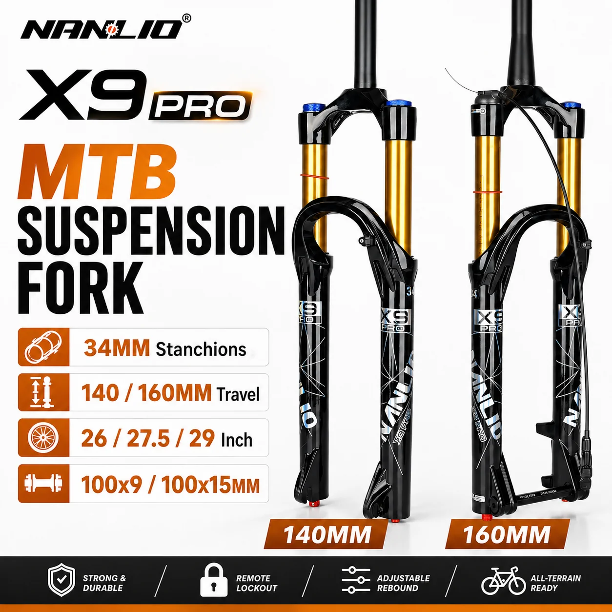Nanlio X9 Pro MTB Air Suspension Fork 34mm Stanchions 140/160mm Travel 26/27.5/29 Inch 100x9 100x15 Fork
Nanlio X9 Pro MTB Air Suspension Fork 34mm Stanchions 140/160mm Travel 26/27.5/29 Inch 100x9 100x15 Fork