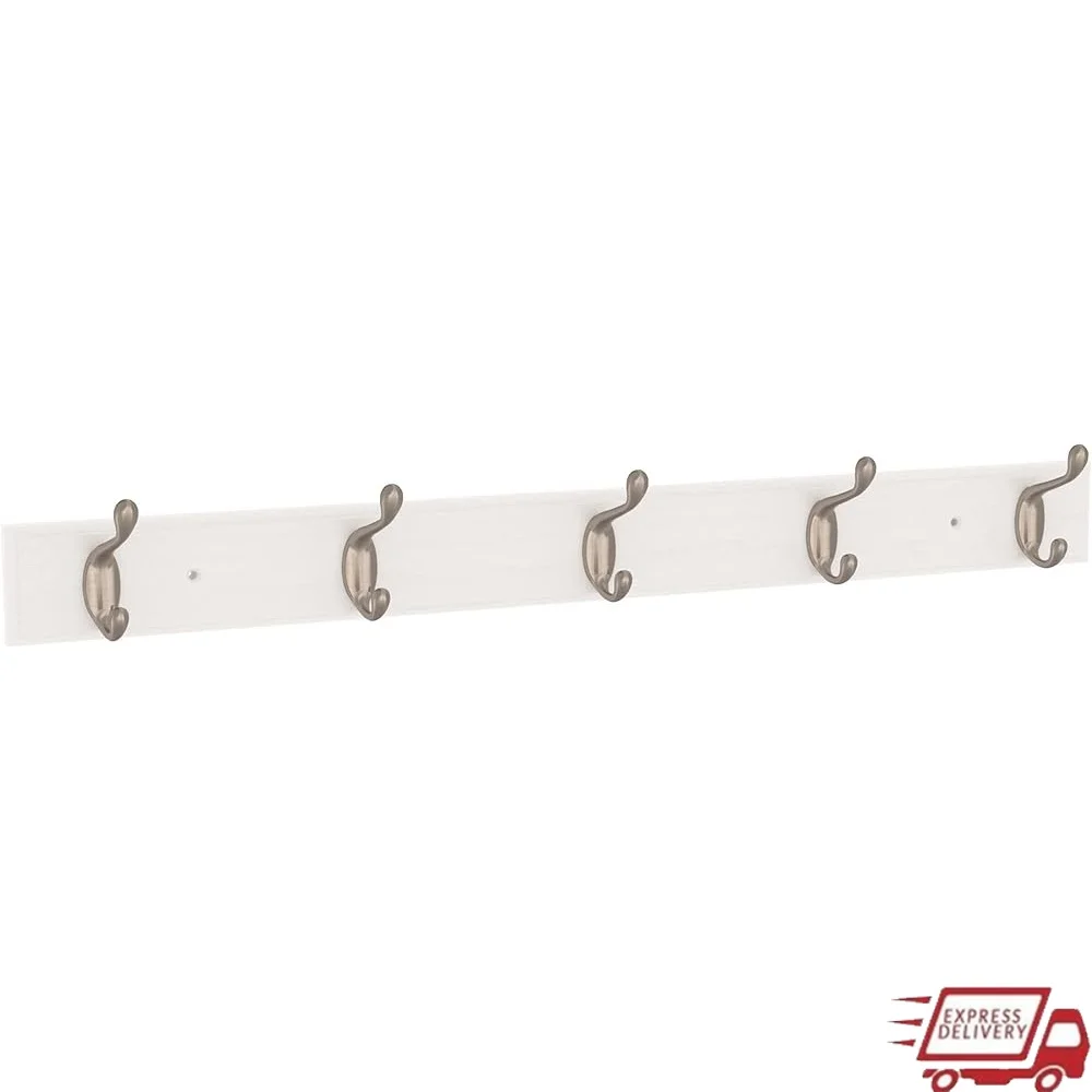 Wall Mounted Coat Rack with 5 Nickel Hooks Pure White MDF Design Durable Installation Hardware Included 35lbs Capacity
Wall Mounted Coat Rack with 5 Nickel Hooks Pure White MDF Design Durable Installation Hardware Included 35lbs Capacity