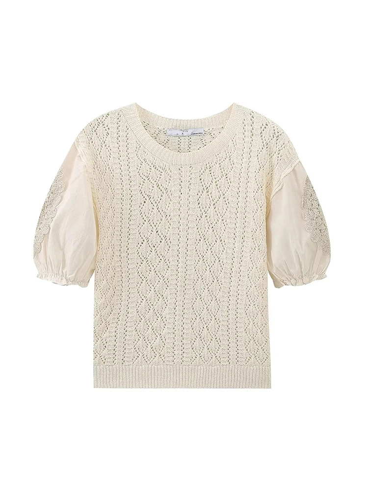 Women's Knitted Patchwork Short Puff Sleeve Pullover, Beige Tops, Girls O-Neck, Elastic Hollow Out, Solid Sweaters, Summer 2024
Women's Knitted Patchwork Short Puff Sleeve Pullover, Beige Tops, Girls O-Neck, Elastic Hollow Out, Solid Sweaters, Summer 2024