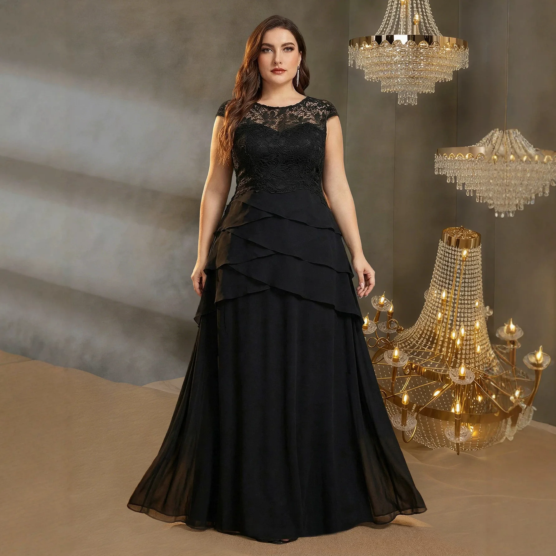 Plus Size Black A Line Maxi Dress Cap Sleeve Floral Lace Illusion Neck Tiered Chiffon Skirt Mother of Bride Evening Gown
Plus Size Black A Line Maxi Dress Cap Sleeve Floral Lace Illusion Neck Tiered Chiffon Skirt Mother of Bride Evening Gown