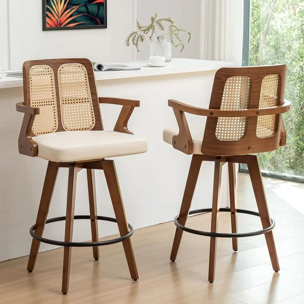 Rattan Swivel Counter Stools, 27 Seat Height, Curved Back, Walnut Finish, Upholstered Beige Leather
Rattan Swivel Counter Stools, 27 Seat Height, Curved Back, Walnut Finish, Upholstered Beige Leather