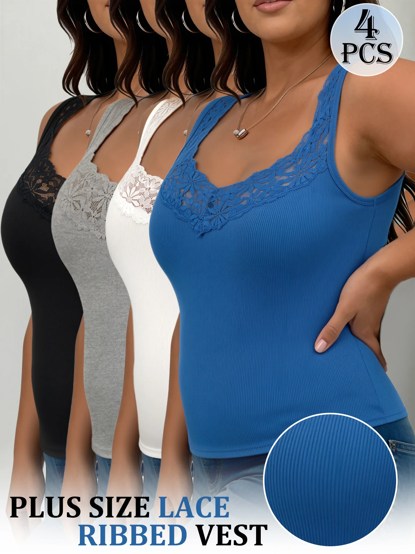 4Pcs Plus Size Lace V Neck Ribbed Tank Top Women Sleeveless Casual Vest
4Pcs Plus Size Lace V Neck Ribbed Tank Top Women Sleeveless Casual Vest
