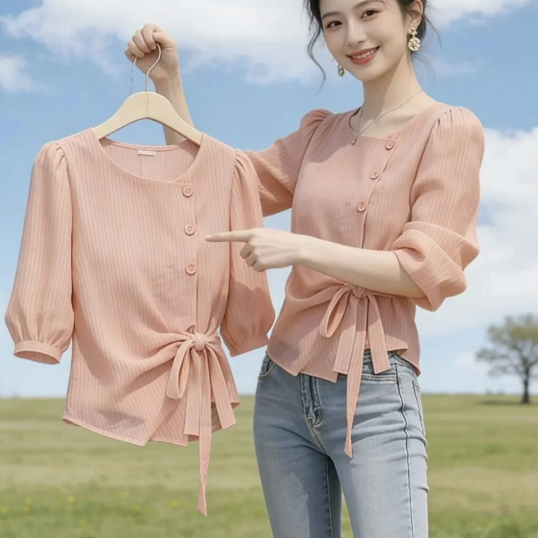 Pink Shirt Women's Elegant Lightweight Luxury Design Unique Beautiful Top Summer Fashionable Belted Bubble Sleeve round Neck
Pink Shirt Women's Elegant Lightweight Luxury Design Unique Beautiful Top Summer Fashionable Belted Bubble Sleeve round Neck