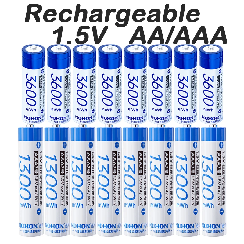 NOHON 1.5V Li-ion Rechargeable AA Batteries 3600mWh High Capacity Long Lasting AAA Battery For Electric Toy/LED Light/Household
NOHON 1.5V Li-ion Rechargeable AA Batteries 3600mWh High Capacity Long Lasting AAA Battery For Electric Toy/LED Light/Household