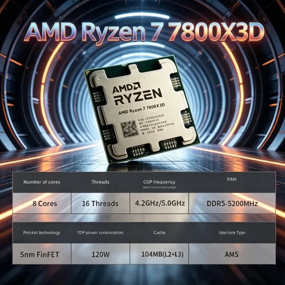 AMD Blazing Premium R7 7800X3D Desktop CPU, 8C16T, 5.0GHz, 5NM, 96M, AM5, Tray Version, No Cooler, PN:100-100000910
AMD Blazing Premium R7 7800X3D Desktop CPU, 8C16T, 5.0GHz, 5NM, 96M, AM5, Tray Version, No Cooler, PN:100-100000910