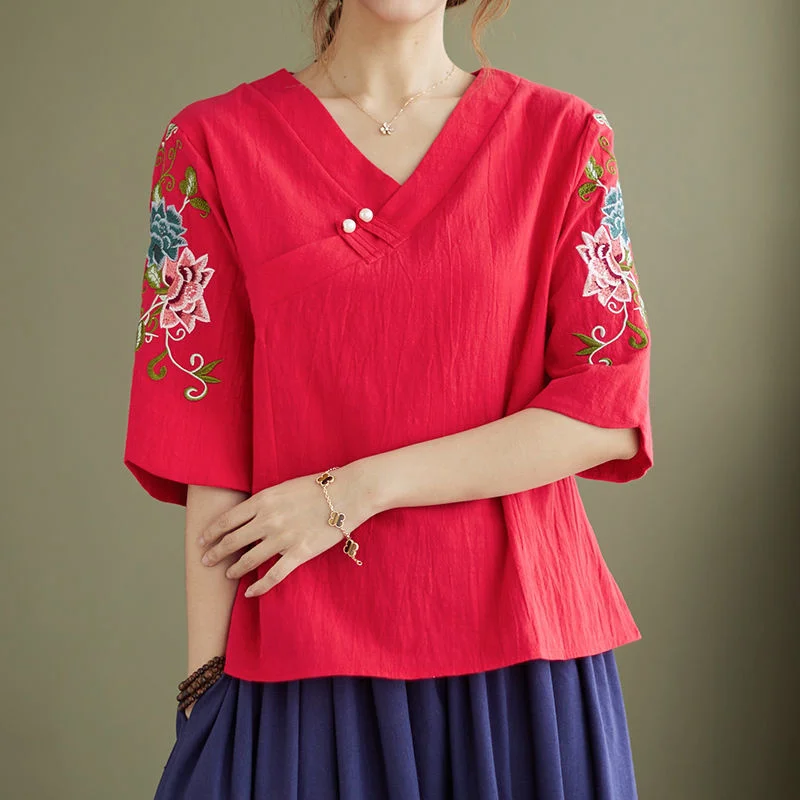 2022 Autumn New Ethnic Style Women Embroidered Cotton Linen T-shirt V-neck Loose Top Half Sleeve Pullover
2022 Autumn New Ethnic Style Women Embroidered Cotton Linen T-shirt V-neck Loose Top Half Sleeve Pullover