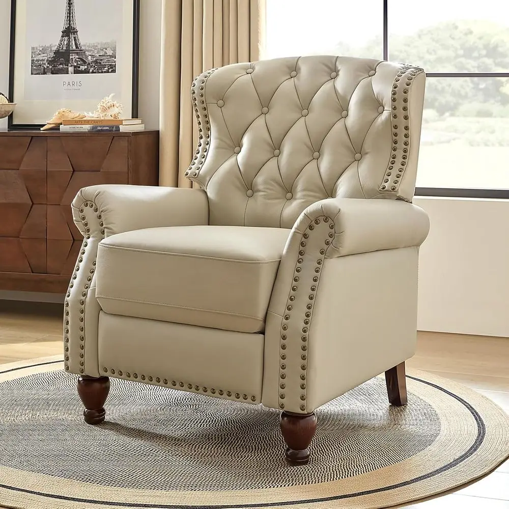 Solid Wood Frame Recliner Chair with Adjustable Pushback Arms and Rivet Accents, Beige for Home Theater or Living Room
Solid Wood Frame Recliner Chair with Adjustable Pushback Arms and Rivet Accents, Beige for Home Theater or Living Room