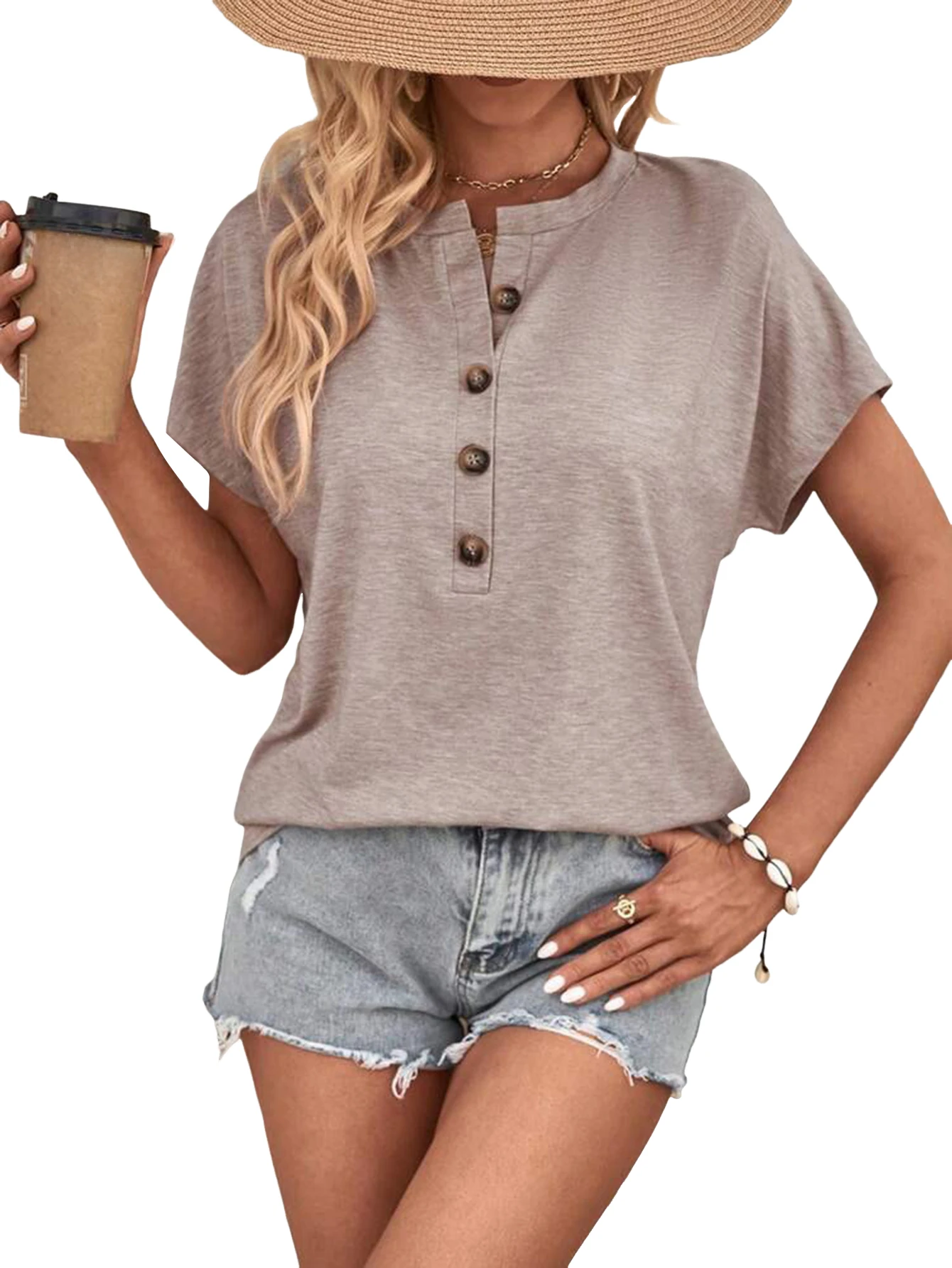 Женская летняя футболка на пуговицах, футболка с круглым вырезом для женщин, женские футболки с коротким рукавом, повседневные топы
Женская летняя футболка на пуговицах, футболка с круглым вырезом для женщин, женские футболки с коротким рукавом, повседневные топы