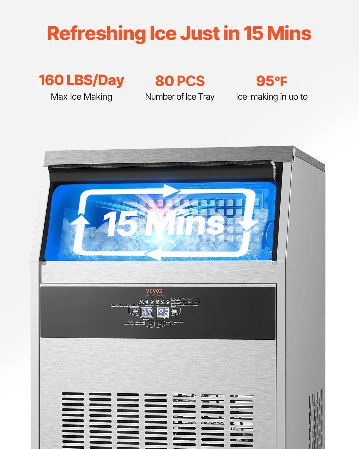 Commercial Ice Maker Machine, 160lbs/24H Ice Maker Machine with 66lbs Storage Capacity, 80 Ice Cubes in 15 Minutes, LED Digital
Commercial Ice Maker Machine, 160lbs/24H Ice Maker Machine with 66lbs Storage Capacity, 80 Ice Cubes in 15 Minutes, LED Digital