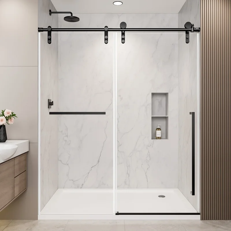 Frameless Sliding Shower Door, 56"-60" W x 75" H, Matte Black, 8mm Clear Tempered Glass with Safety Film
Frameless Sliding Shower Door, 56"-60" W x 75" H, Matte Black, 8mm Clear Tempered Glass with Safety Film