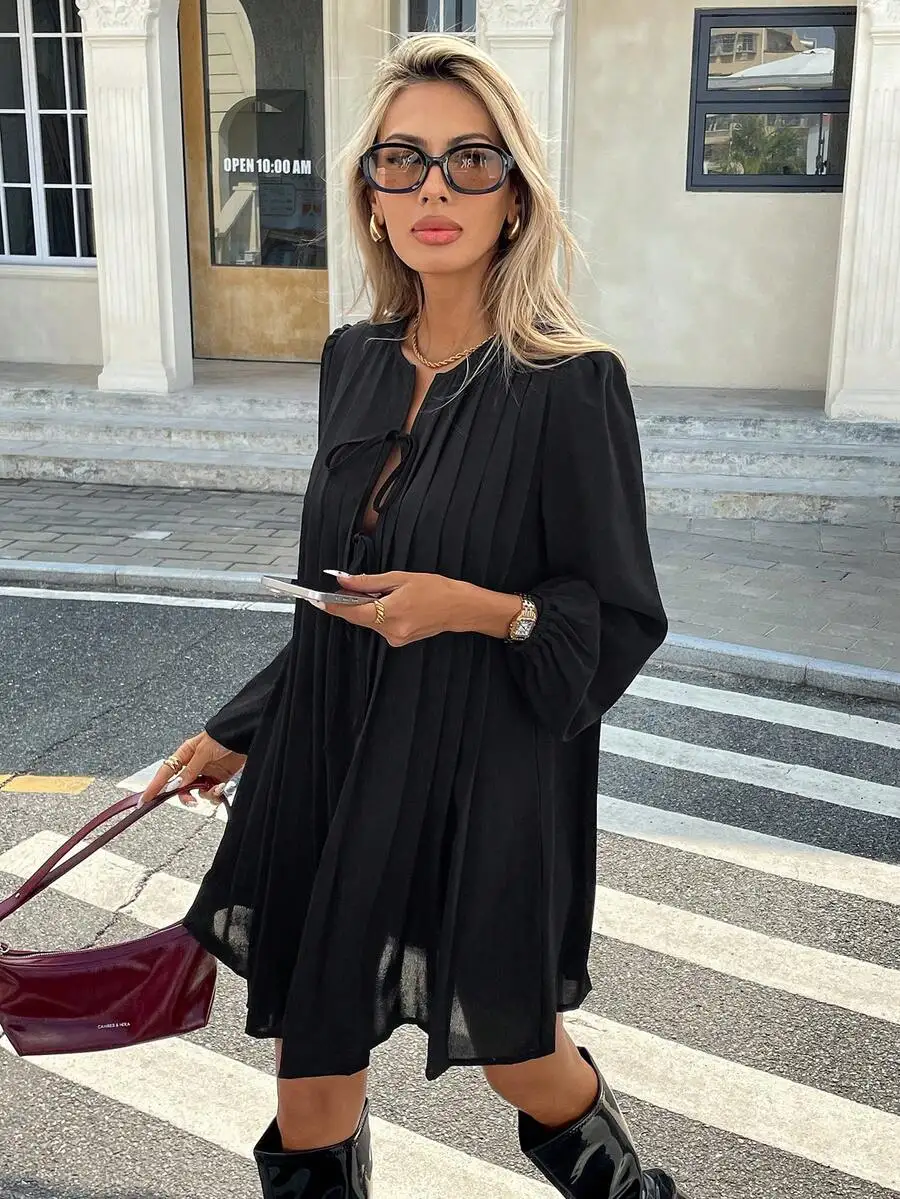 Black Pleated Long Sleeve Dress French Style Elegant Casual Women Dress
Black Pleated Long Sleeve Dress French Style Elegant Casual Women Dress