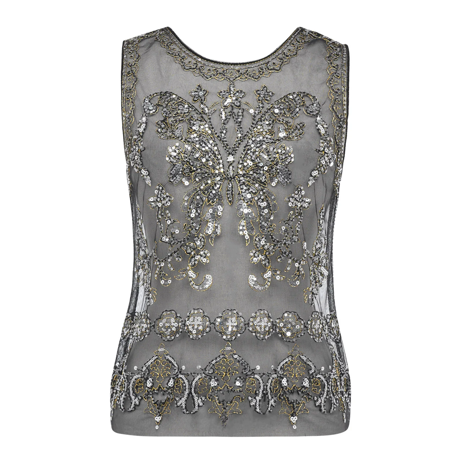 Womens 1920s Vintage Sheer Mesh Tank Top with Exquisite Embroidery And Sequin Details Sleeveless Pullover Shirt Cover-up Top
Womens 1920s Vintage Sheer Mesh Tank Top with Exquisite Embroidery And Sequin Details Sleeveless Pullover Shirt Cover-up Top