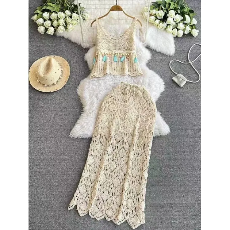 n Vaion Knitted Tassel Strap Vest Hollow out Hook Flower f Skirt Two Piece Set Summer Faion Women's Ensemble
n Vaion Knitted Tassel Strap Vest Hollow out Hook Flower f Skirt Two Piece Set Summer Faion Women's Ensemble