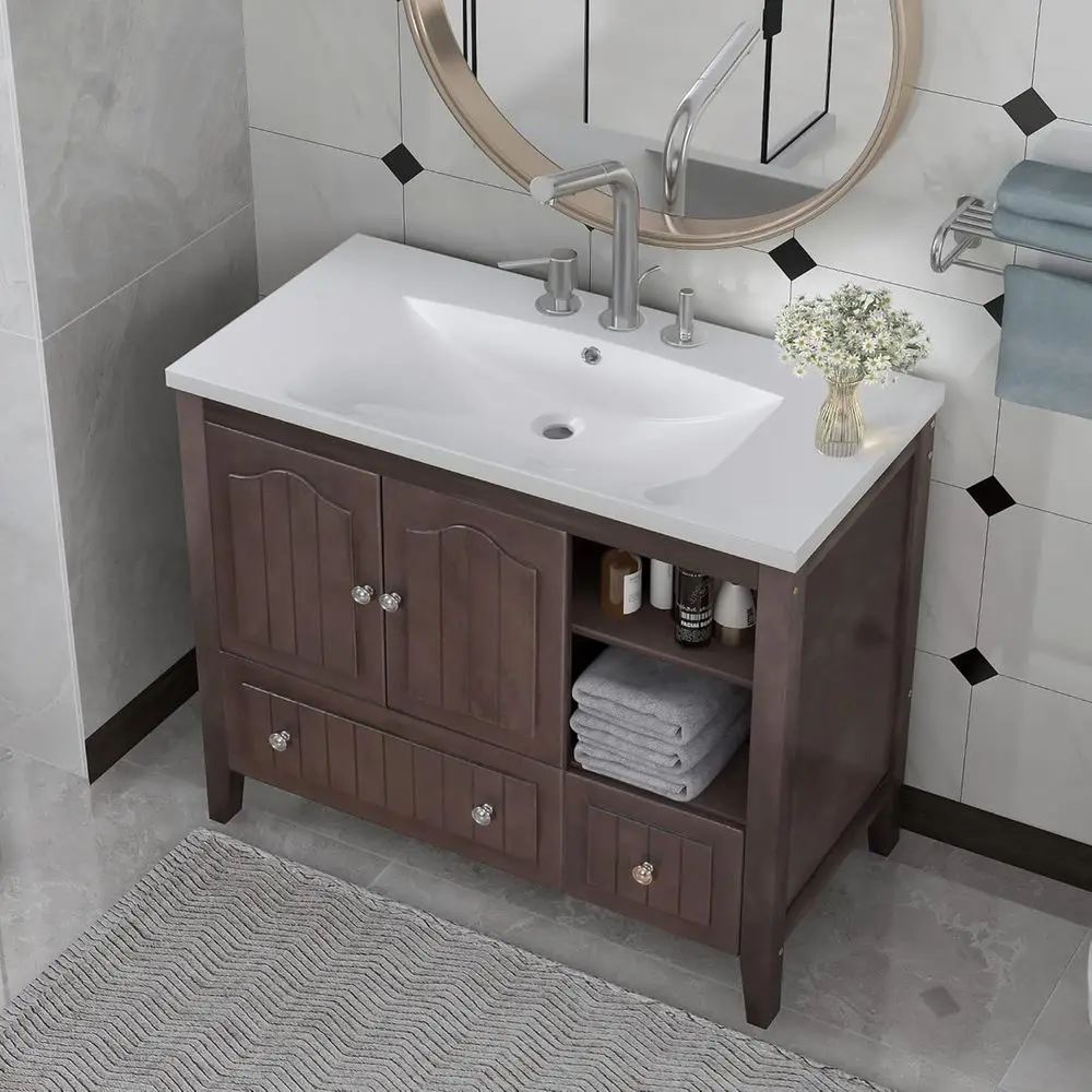 36 Solid Wood Double Vanity with Ceramic Basin, Storage Cabinet, and Undermount Sink in Brown
36 Solid Wood Double Vanity with Ceramic Basin, Storage Cabinet, and Undermount Sink in Brown