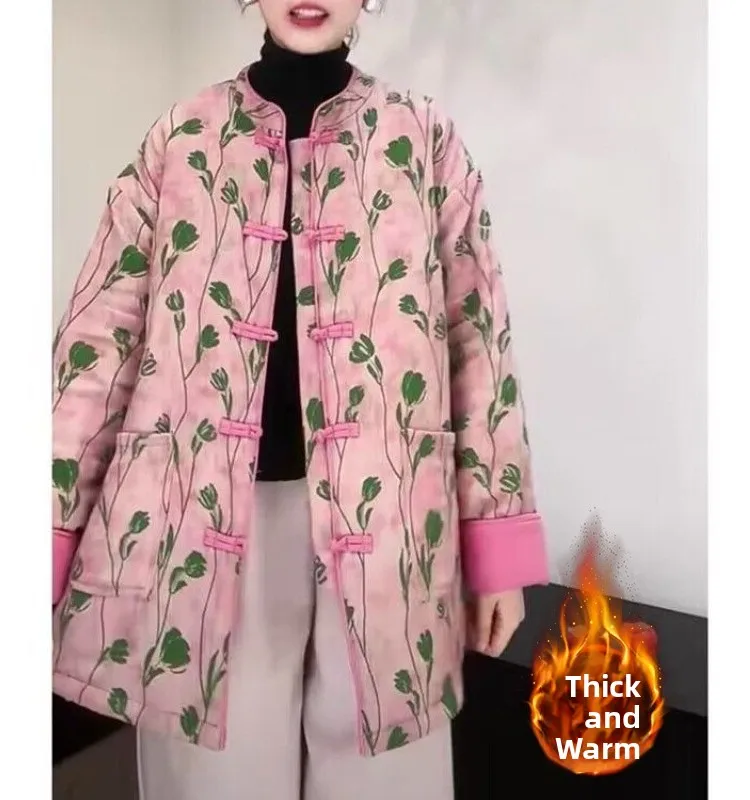 Thickened Cotton Jacket Women's Winter Outerwear Floral Print Button Design Stand Collar Long Sleeve Loose Fit Coat
Thickened Cotton Jacket Women's Winter Outerwear Floral Print Button Design Stand Collar Long Sleeve Loose Fit Coat