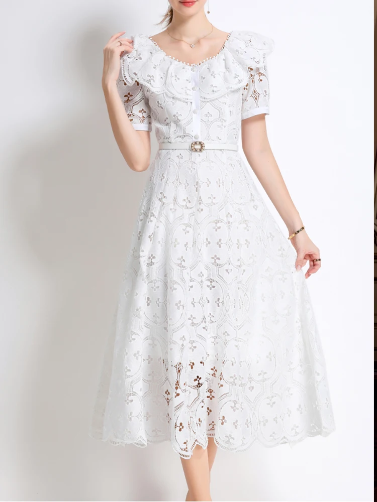 Elegant Lace Embroidered Ruffle Neck Short Sleeved Slim Fit Dress 2025 New Fashion Summer Women'S Clothing
Elegant Lace Embroidered Ruffle Neck Short Sleeved Slim Fit Dress 2025 New Fashion Summer Women'S Clothing