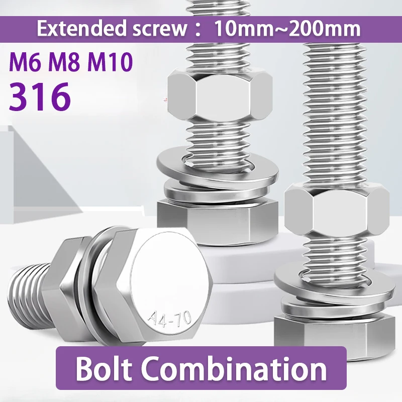 M6 M8 M10 316 Stainless Steel Hexagonal Bolt Screw and Nut Set Extended Screw Washer and Nut Set Extended Screw Combination
M6 M8 M10 316 Stainless Steel Hexagonal Bolt Screw and Nut Set Extended Screw Washer and Nut Set Extended Screw Combination
