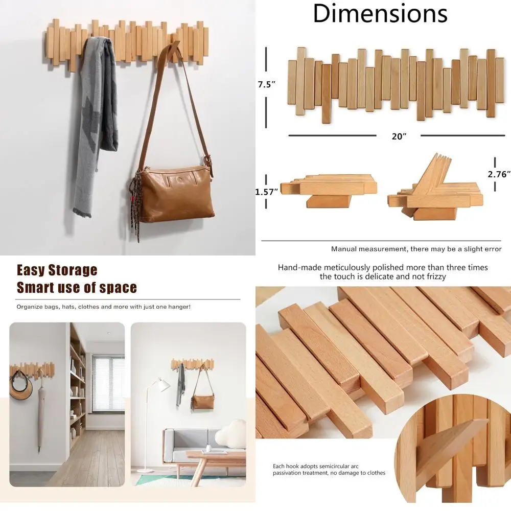 Wall-Mounted Wooden Coat Rack with 5 Unique Hooks for Coats, Bags, Hats, and Umbrellas
Wall-Mounted Wooden Coat Rack with 5 Unique Hooks for Coats, Bags, Hats, and Umbrellas