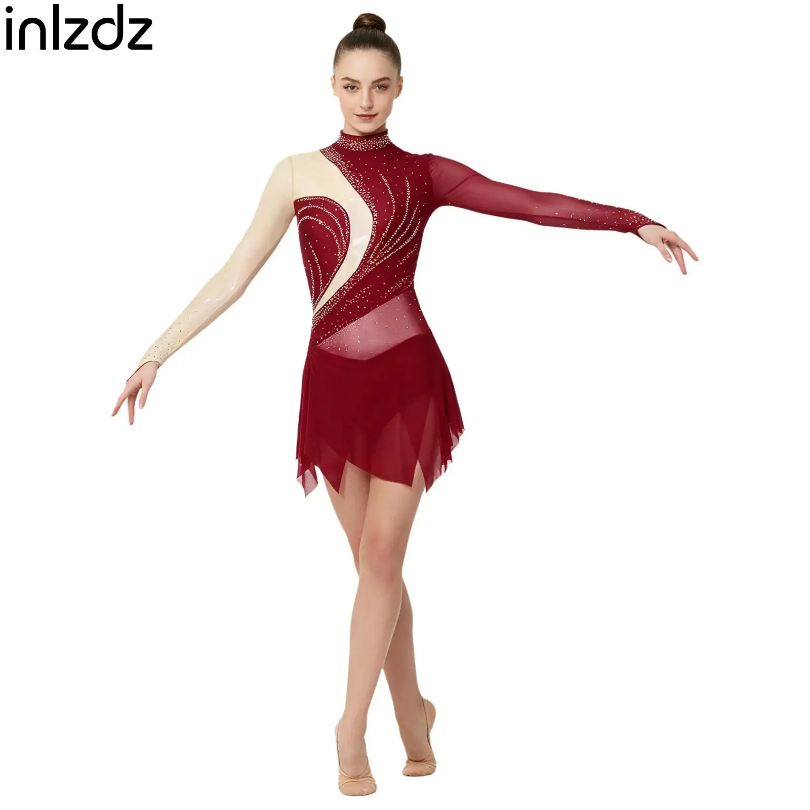 Womens Figure Skating Competition Leotards Dress Sheer Mesh Long Sleeve Mock Neck Blocking Dress Gymnastics Latin Dance Dress
Womens Figure Skating Competition Leotards Dress Sheer Mesh Long Sleeve Mock Neck Blocking Dress Gymnastics Latin Dance Dress