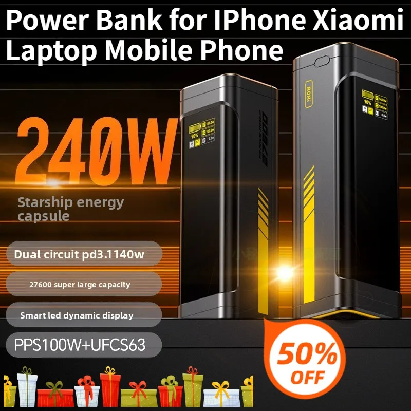 Power Bank 27600mAh 240W PD3.1 Digital Display Bidirectional Fast Charger External Battery for IPhone Xiaomi Laptop Mobile Phone
Power Bank 27600mAh 240W PD3.1 Digital Display Bidirectional Fast Charger External Battery for IPhone Xiaomi Laptop Mobile Phone