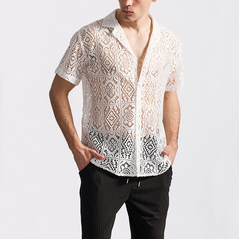 Men's Mesh Lace Knit Short Sleeve Shirt Hollow-Out Dance Perspective Shirts Summer Streetwear Nightclub Disco Performance Tops
Men's Mesh Lace Knit Short Sleeve Shirt Hollow-Out Dance Perspective Shirts Summer Streetwear Nightclub Disco Performance Tops