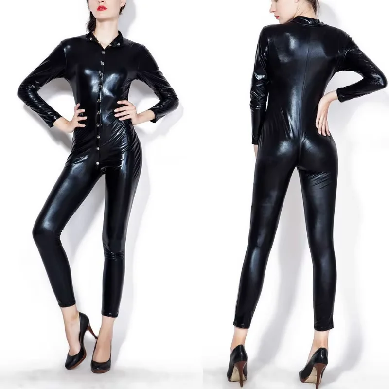 Women Patent Leather Slim Jumpsuit Female Sexy Nightclub Tight Stretch Single-Breasted Button Open Crotch Rompers Bodystocking
Women Patent Leather Slim Jumpsuit Female Sexy Nightclub Tight Stretch Single-Breasted Button Open Crotch Rompers Bodystocking