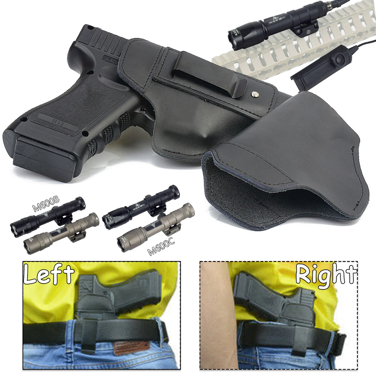 Left RIGHT Universal Leather Holster for Concealed Carry IWB Holsters for Glock 17 19 43 9mm With M600B M600C Light Gun Holster
Left RIGHT Universal Leather Holster for Concealed Carry IWB Holsters for Glock 17 19 43 9mm With M600B M600C Light Gun Holster