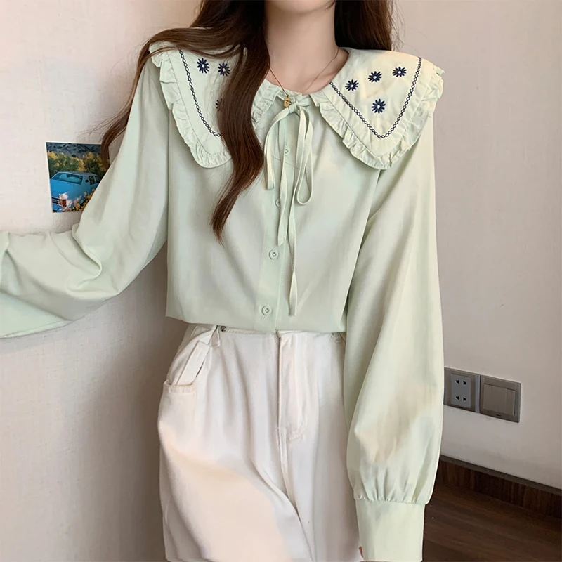Embroidery Peter Pan Collar Shirts for Women Korean Popular Lace-up Long-Sleeved Blouses High-Grade Preppy Style All Match Tops
Embroidery Peter Pan Collar Shirts for Women Korean Popular Lace-up Long-Sleeved Blouses High-Grade Preppy Style All Match Tops