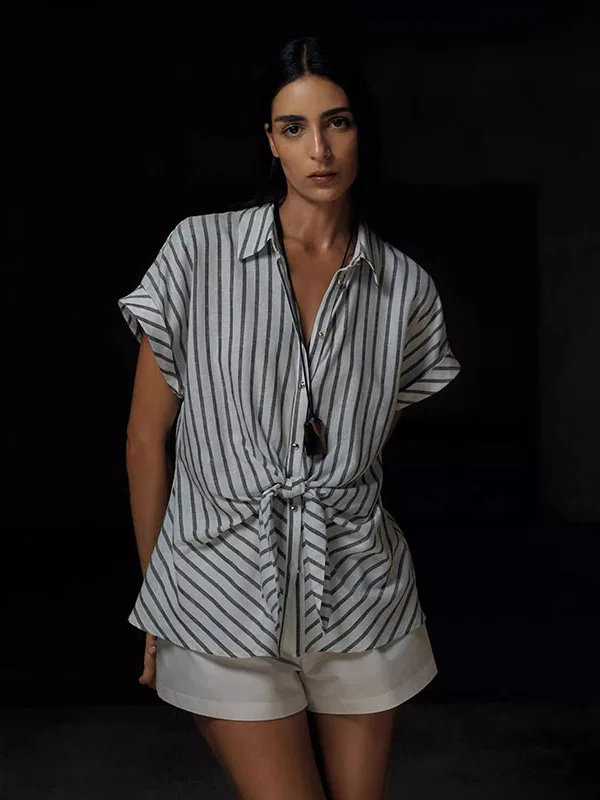 Льняной свободный повседневный одяг в полоску в стиле ретро ort Sve irt, женский летний модный топ с воротником и пуговицами, стандартный крой 
Льняной свободный повседневный одяг в полоску в стиле ретро ort Sve irt, женский летний модный топ с воротником и пуговицами, стандартный крой