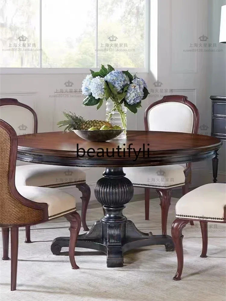 A26 American retro solid wood black round dining table and chair combination French simple small apartment, dining table
A26 American retro solid wood black round dining table and chair combination French simple small apartment, dining table