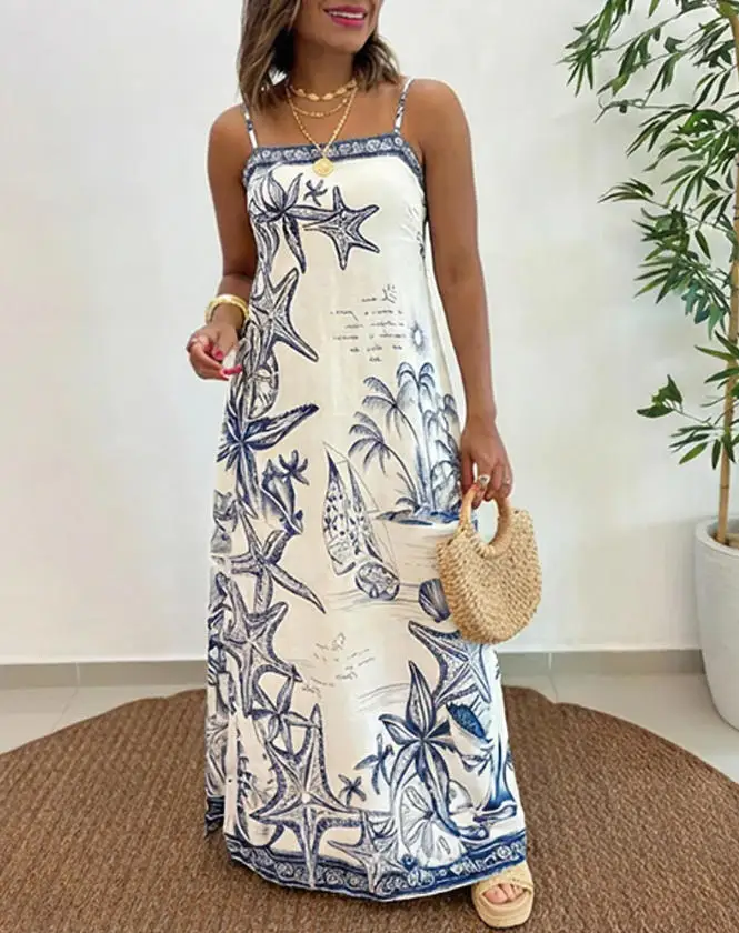 Women's Dress Summer New Casual Beach Vacation Style Starfish Print Square Neck Wide Truffle Back Lace Up Suspender Dress
Women's Dress Summer New Casual Beach Vacation Style Starfish Print Square Neck Wide Truffle Back Lace Up Suspender Dress