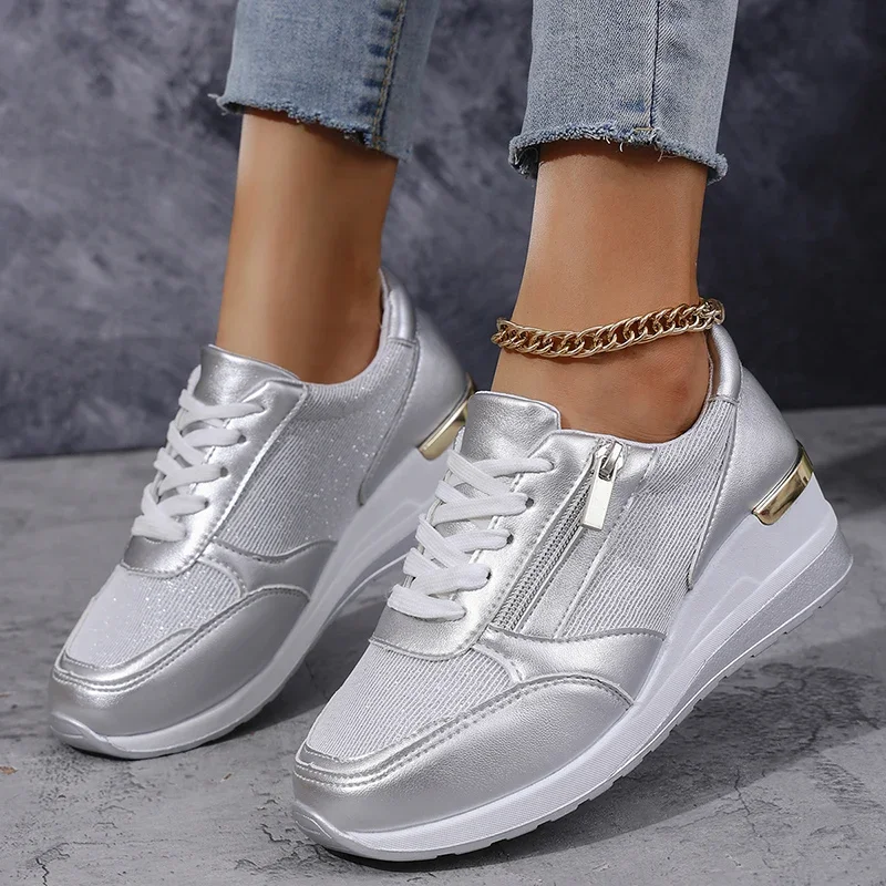Fashion Women's Sneakers 2025 Spring Thick Bottom Silver Sneakers Wedge Heel Vulcanized Shoes for Women Comfort Lace Up Sneakers
Fashion Women's Sneakers 2025 Spring Thick Bottom Silver Sneakers Wedge Heel Vulcanized Shoes for Women Comfort Lace Up Sneakers
