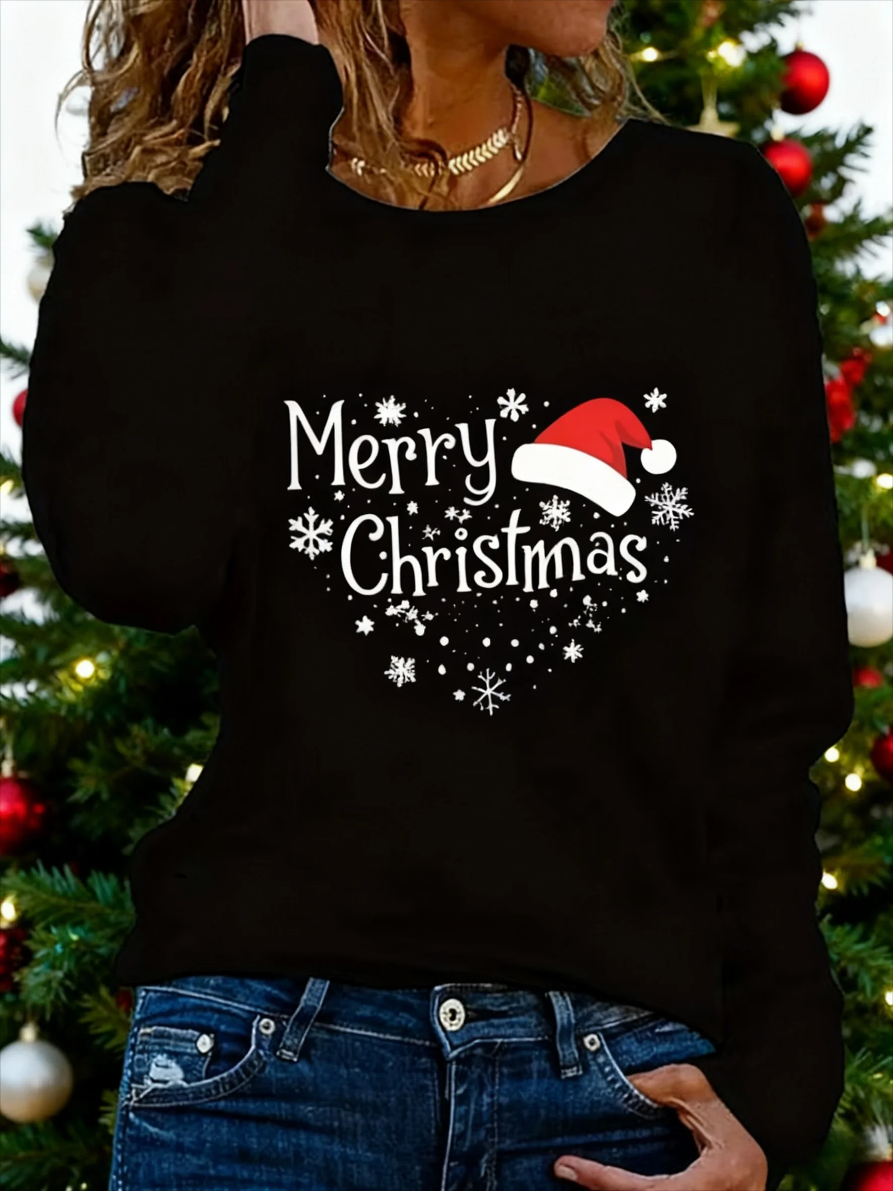 Women's 3D Christmas Letter Print Long Sleeve T-Shirt - Black with White Merry Christmas Slogan & Snowflake/santa Hat Design
Women's 3D Christmas Letter Print Long Sleeve T-Shirt - Black with White Merry Christmas Slogan & Snowflake/santa Hat Design