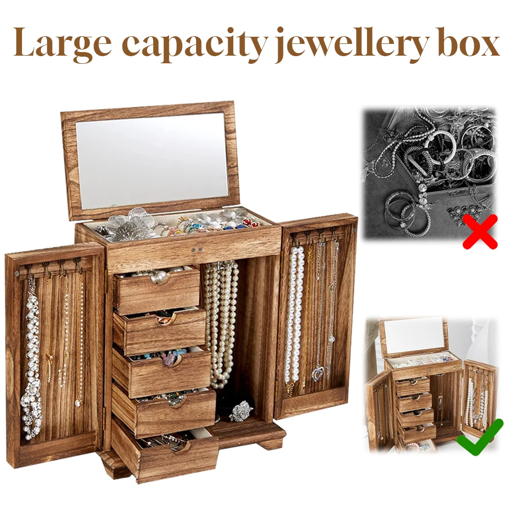 Деревянная шкатулка для украшений, большая шкатулка-органайзер для ювелирных изделий, 5-слойная шкатулка для хранения украшений с выдвижными ящиками и зеркалом, подставка для украшений для туалетного столика
Деревянная шкатулка для украшений, большая шкатулка-органайзер для ювелирных изделий, 5-слойная шкатулка для хранения украшений с выдвижными ящиками и зеркалом, подставка для украшений для туалетного столика