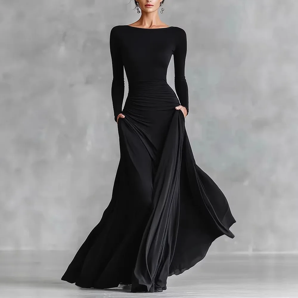 Black Long Sleeve Simple Holiday Party Dress Women Spring O Neck Elegant Maxi Dress Pocket Ruched Slim Fit Ladies Dress
Black Long Sleeve Simple Holiday Party Dress Women Spring O Neck Elegant Maxi Dress Pocket Ruched Slim Fit Ladies Dress