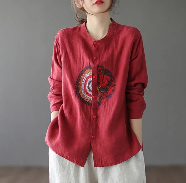 Рубашка из хлопка и льна с вышивкой, женская рубашка с воротником-стойкой и длинными рукавами, рубашка нестандартной формы, кардиган, льняной топ, весна 
Рубашка из хлопка и льна с вышивкой, женская рубашка с воротником-стойкой и длинными рукавами, рубашка нестандартной формы, кардиган, льняной топ, весна