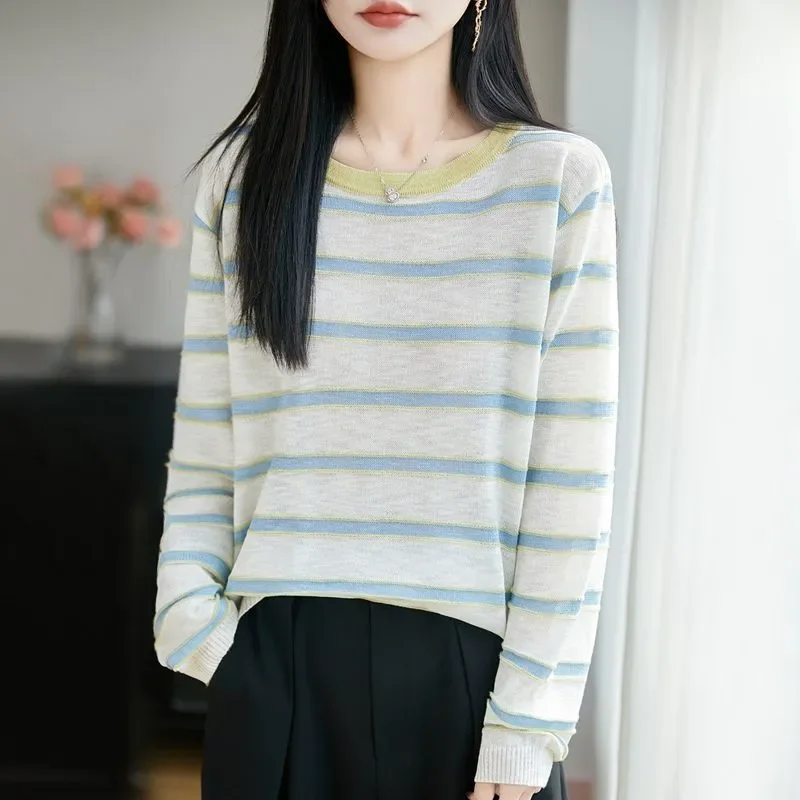 Women's Striped Knit Top Crew Neck Long Sleeve Loose Casual Lightweight Summer Blouse
Women's Striped Knit Top Crew Neck Long Sleeve Loose Casual Lightweight Summer Blouse