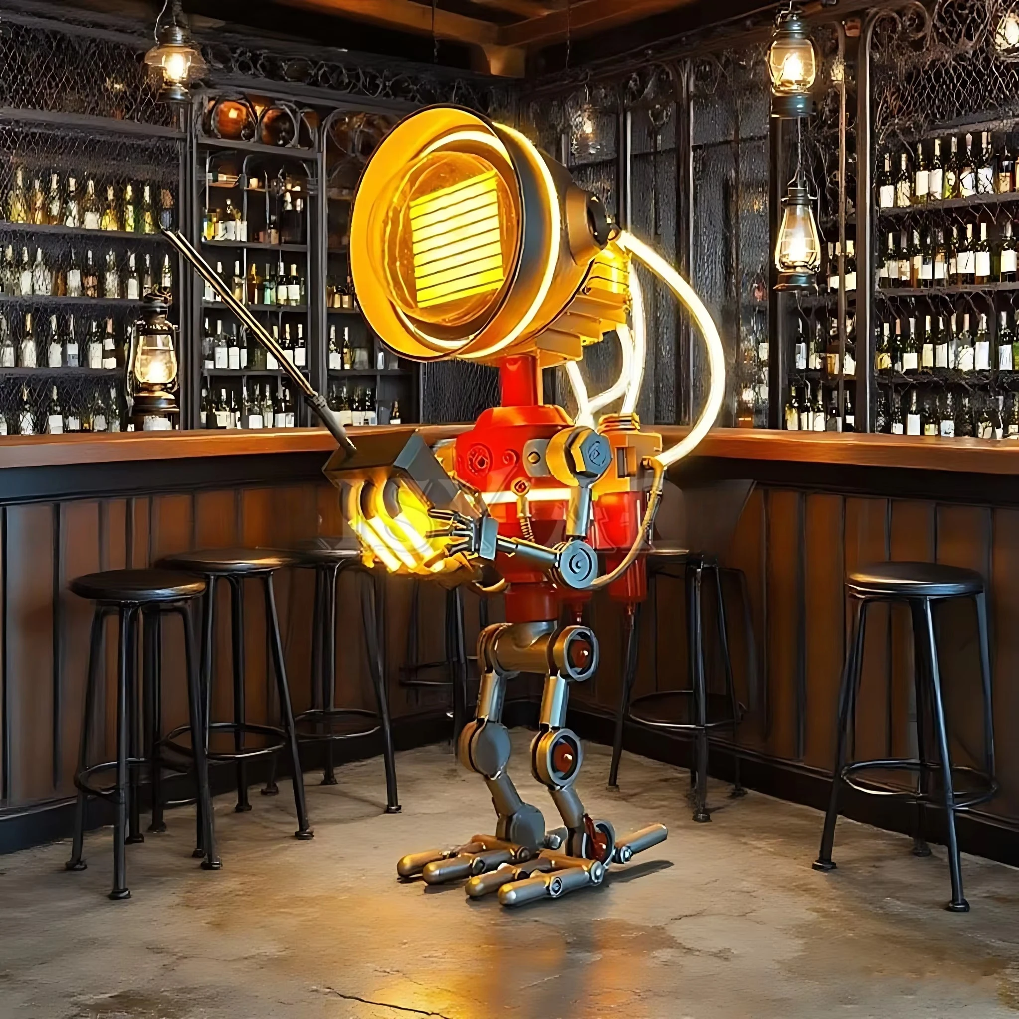 Cyberpunk LED neon metal glowing robot statue, mall/bar/restaurant decor, welding technology
Cyberpunk LED neon metal glowing robot statue, mall/bar/restaurant decor, welding technology