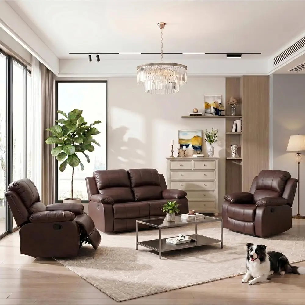 3-Piece Leather Reclining Sofa Set: 2 Single Seats + Loveseat, Ideal for Living Room, Bedroom, or RV, Brown
3-Piece Leather Reclining Sofa Set: 2 Single Seats + Loveseat, Ideal for Living Room, Bedroom, or RV, Brown