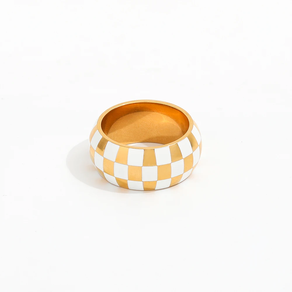 Joolim Jewelry High End PVD Wholesale Waterproof Checkered Drop White Glue Stainless Steel Ring for Women
Joolim Jewelry High End PVD Wholesale Waterproof Checkered Drop White Glue Stainless Steel Ring for Women