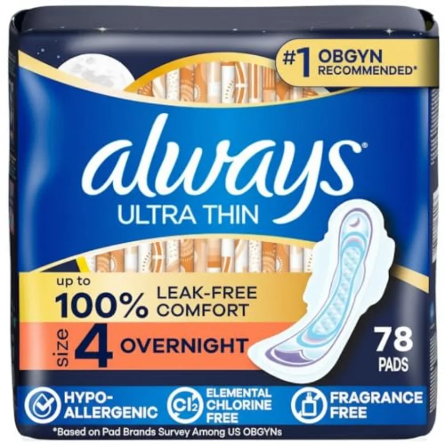 Always Ultra Thin Overnight Pads with Wings, Size 4, Overnight, 78 Count 3 Packs of 26
Always Ultra Thin Overnight Pads with Wings, Size 4, Overnight, 78 Count 3 Packs of 26