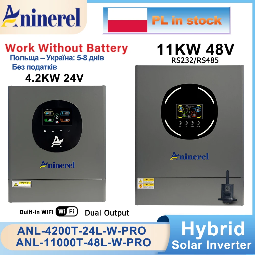 Aninerel 4.2KW 11KW 24V 48V Hybrid Solar Inverter Dual Output Color LCD Display MPPT 100A 120A PV 500VDC With WiFi EU stock
Aninerel 4.2KW 11KW 24V 48V Hybrid Solar Inverter Dual Output Color LCD Display MPPT 100A 120A PV 500VDC With WiFi EU stock