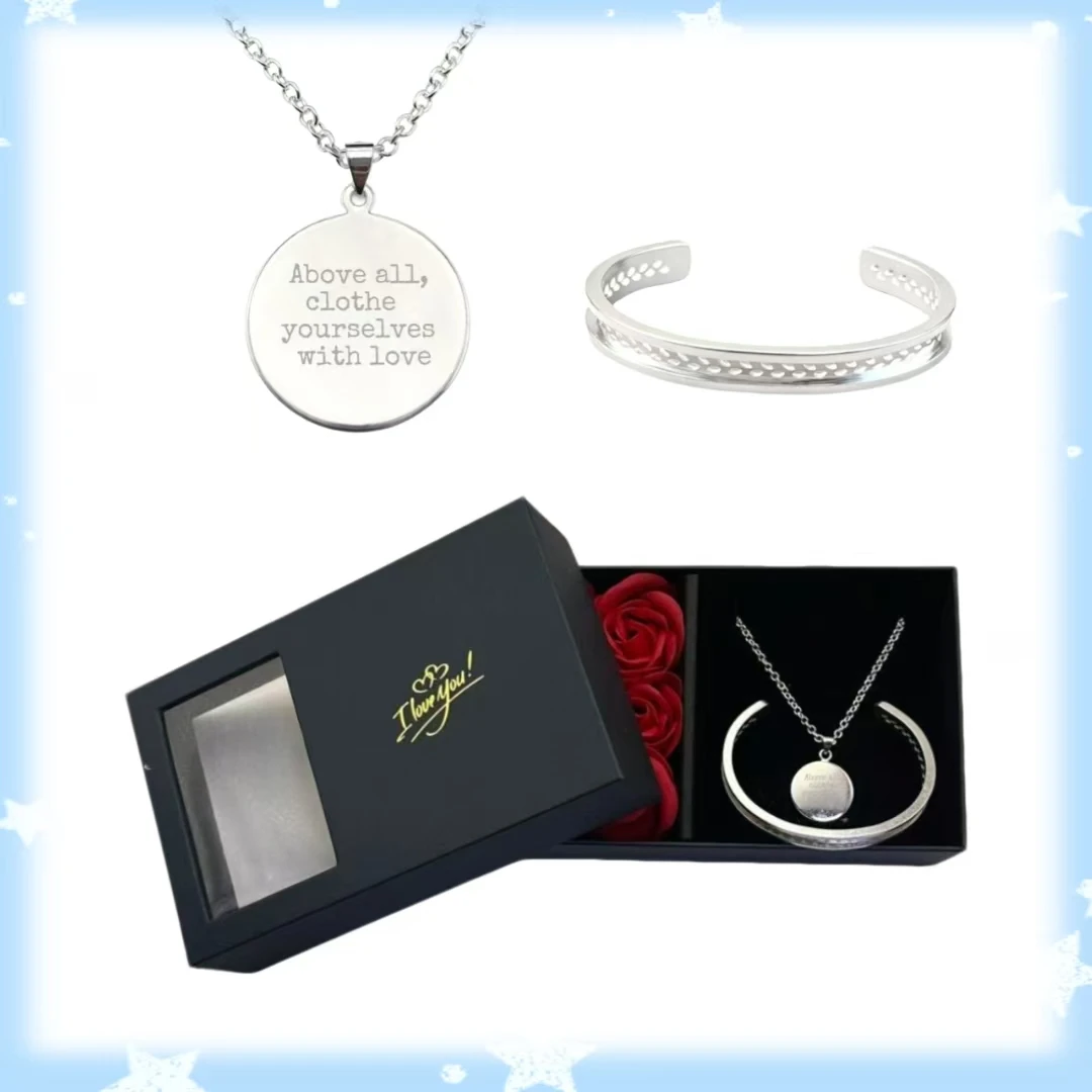Rose Gift Box Set, Round Pendant Necklace Engraved "Above all, clothe yourselves with love." & Olive Branch Bracelet, Christmas
Rose Gift Box Set, Round Pendant Necklace Engraved "Above all, clothe yourselves with love." & Olive Branch Bracelet, Christmas